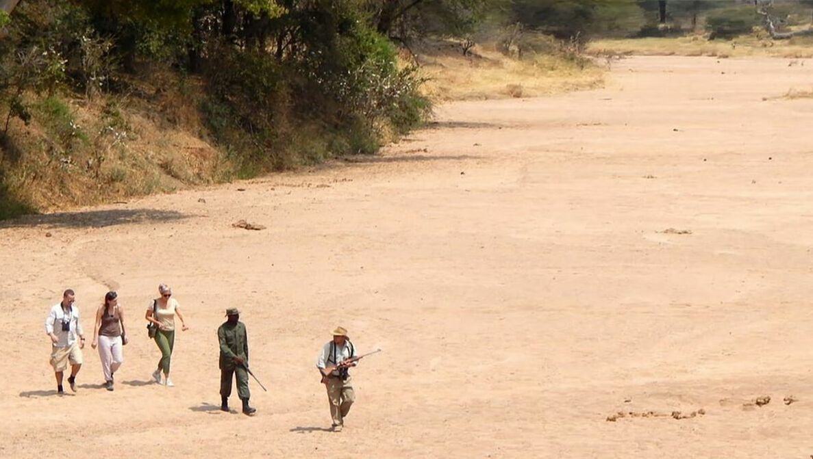 Mehrere Personen wandern zu Fuß durch ein ausgetrocknetes Flussbett